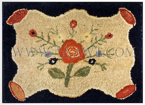 Antique Hooked Rug, Central Floral Motif, Wool on Linen, entire view